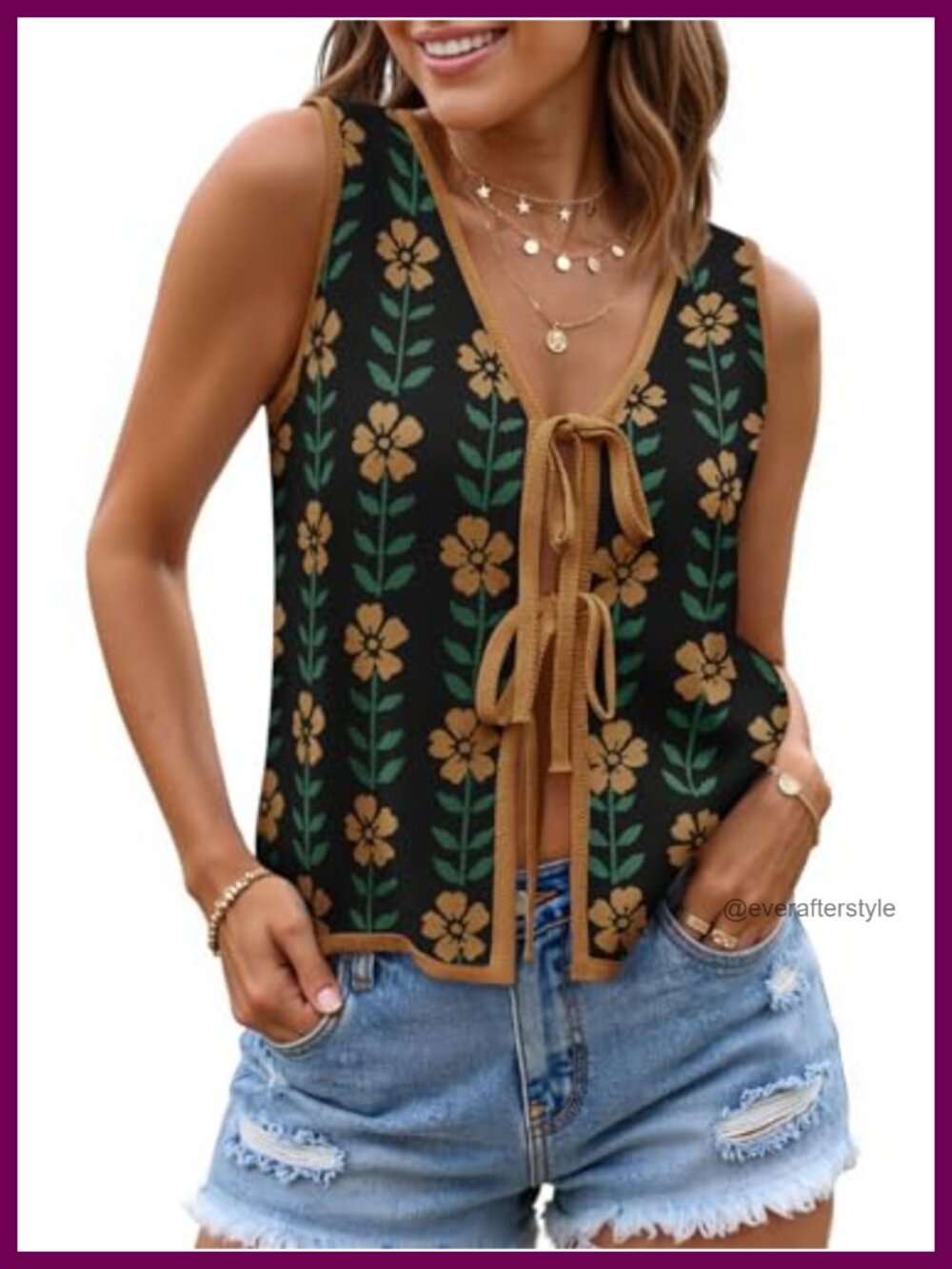 ZESICA Tie Front Sleeveless Sweater Vest Top Loose Fit Summer